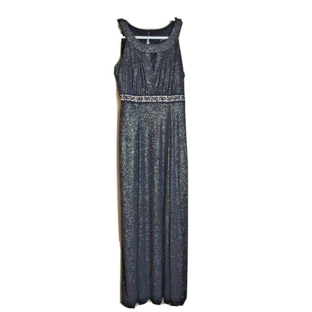 Enfocus Studio  Halter Silver metalic Navy Blue Long Dress Size 4P